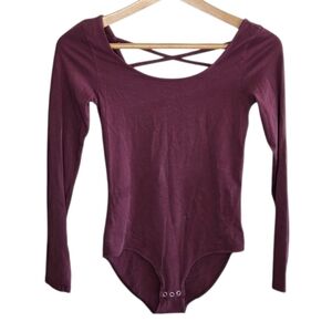 American Eagle Cotton Stretch Burgundy Long Sleeve Open Back Bodysuit Size XS